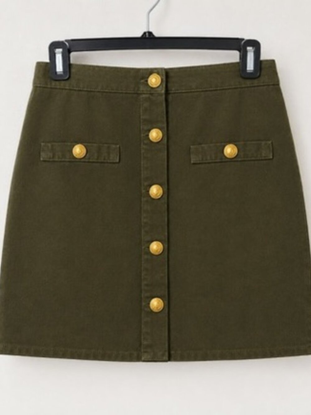 L'AGENCE Kris Button-Front Denim Mini Skirt Olive Green Gold Buttons
